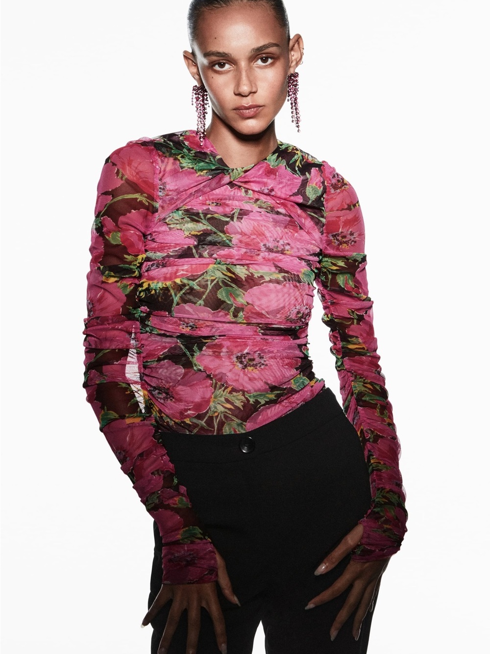 Zara Pink Floral Sheer Ruched Long-Sleeve Top